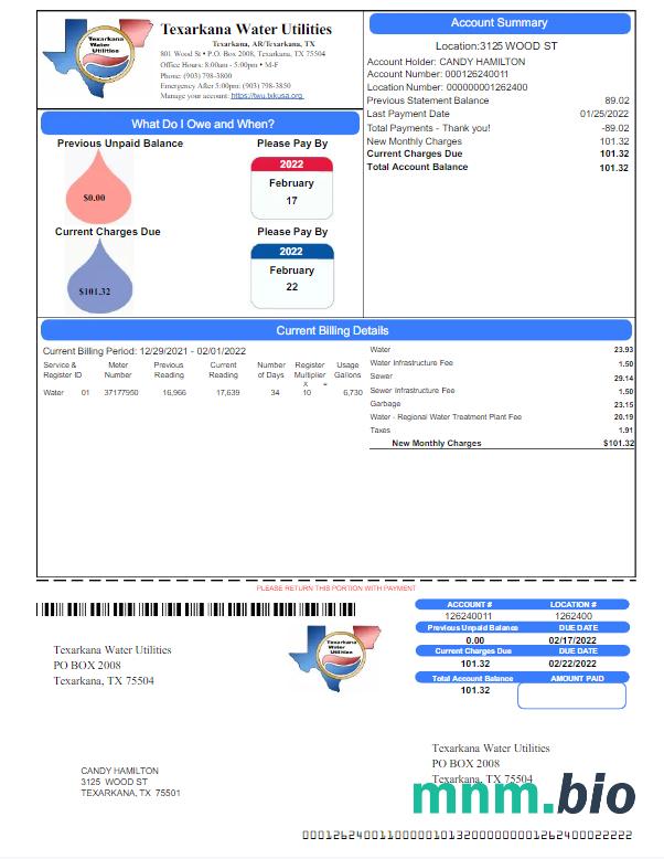 USA TEXARKANA woda UTILITIES rachunek za media Word i PDF template